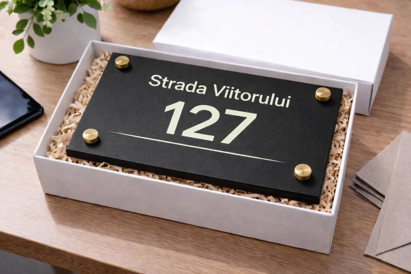 Plăcuță de adresă premium pregătită de livrare